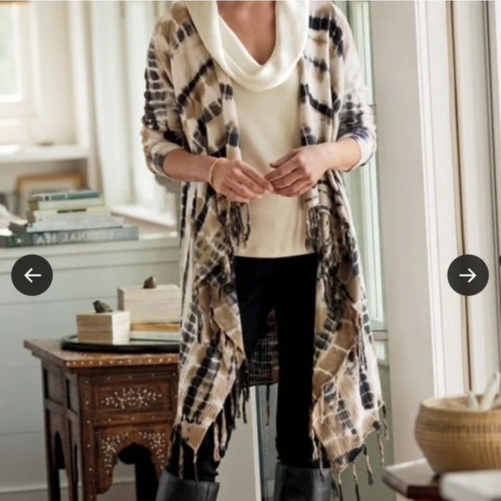 Soft Surrounding Women's Tan Black Tie Dye Fringe Drape Cotton Cardigan Lg Tall